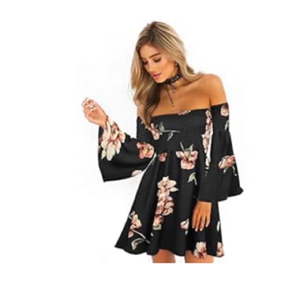 Black and Pink Off-Shoulder Long Sleeve Sundress for Weddings